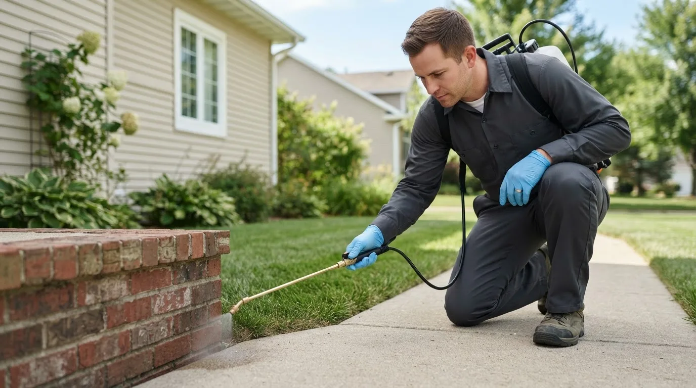 Pest control technician treating a home near Hokah, MN